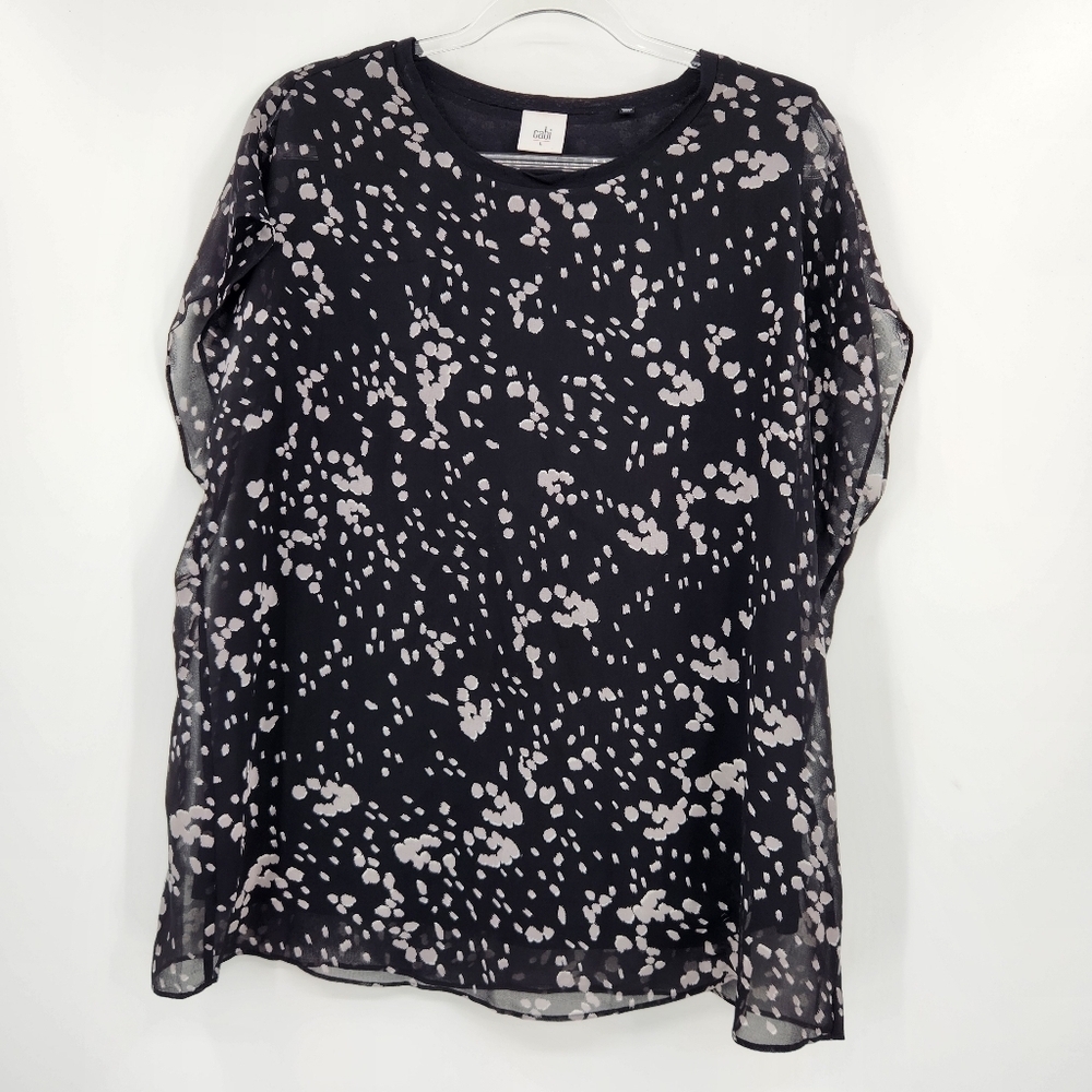 Cabi Cosmos Night Sky Lined Blouse Womens Size Large Black White Short Sleeve